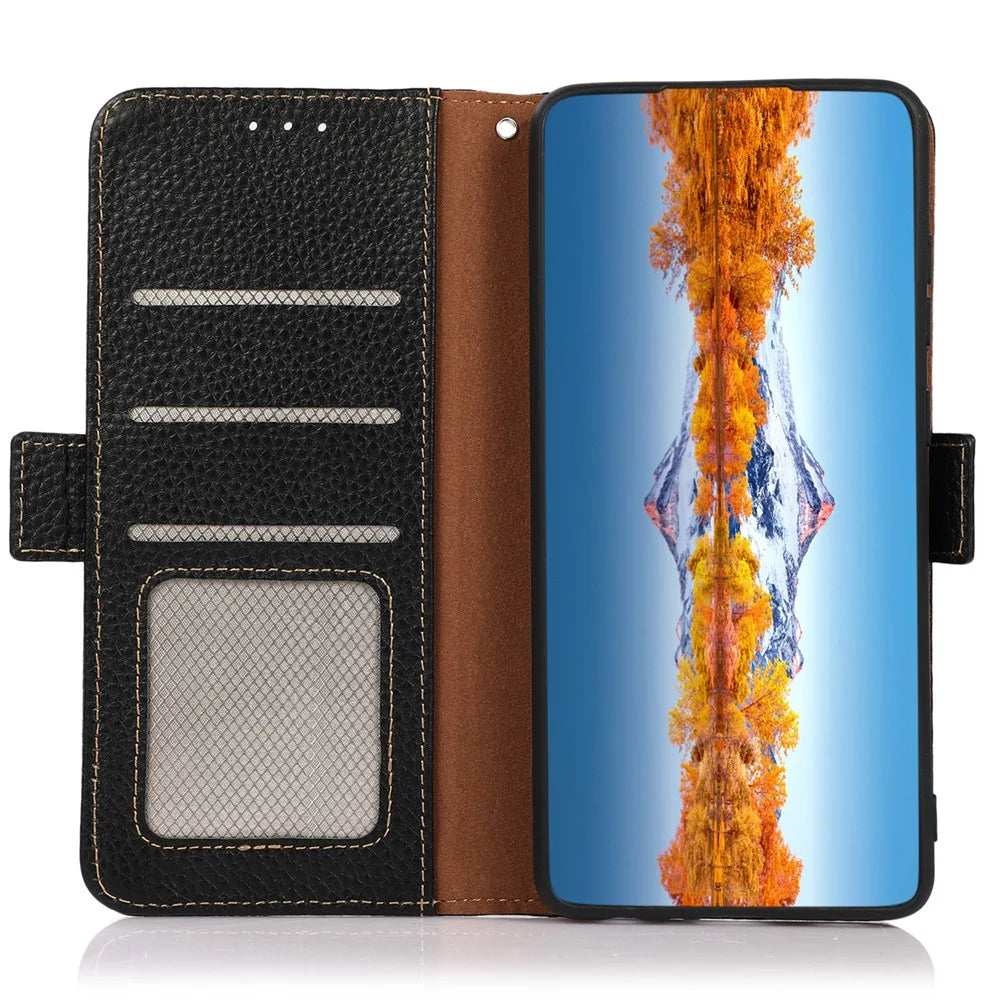 KHAZNEH For Samsung Galaxy F34 5G / M34 5G RFID Blocking Phone Case Stand Wallet Litchi Texture Genuine Cow Leather Cover - Black - 2