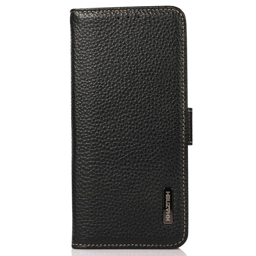 KHAZNEH For Samsung Galaxy F34 5G / M34 5G RFID Blocking Phone Case Stand Wallet Litchi Texture Genuine Cow Leather Cover - Black - 6
