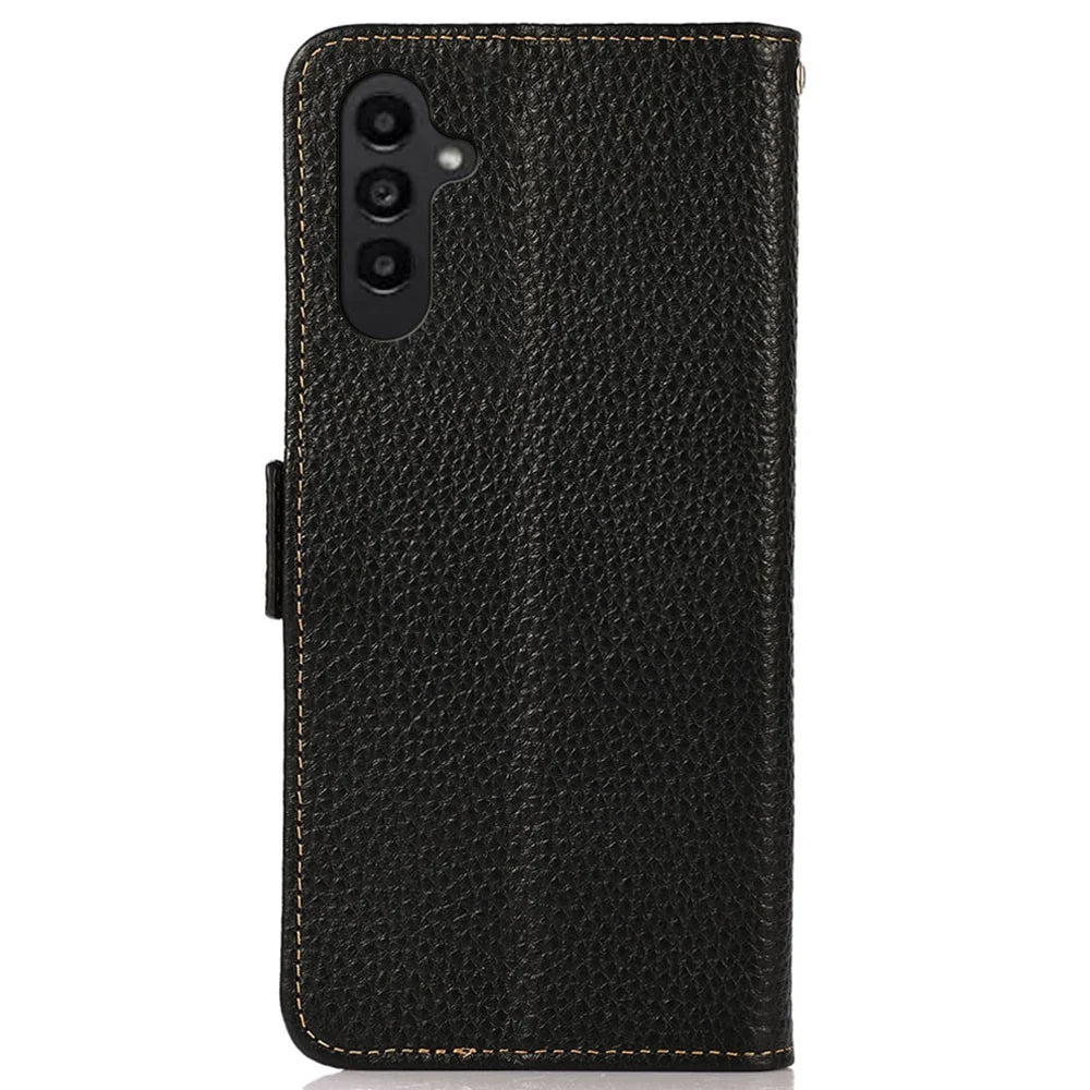 KHAZNEH For Samsung Galaxy F34 5G / M34 5G RFID Blocking Phone Case Stand Wallet Litchi Texture Genuine Cow Leather Cover - Black - 7