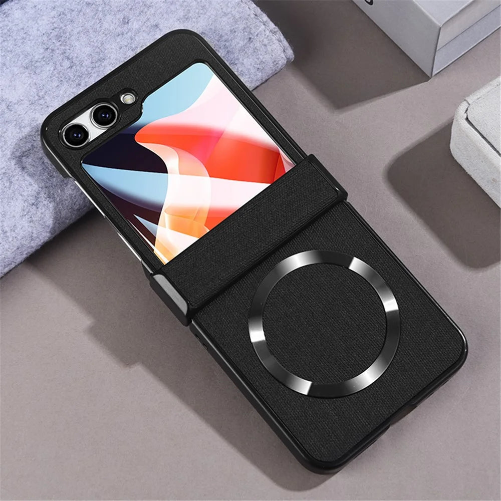 For Samsung Galaxy Z Flip5 5G Hinge Design Magnetic Case Cloth Texture Leather+PC Phone Cover with Tempered Glass Rear Screen Protector - Black - 2