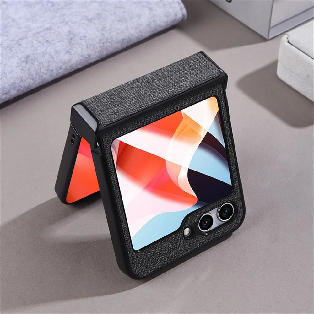 For Samsung Galaxy Z Flip5 5G Hinge Design Magnetic Case Cloth Texture Leather+PC Phone Cover with Tempered Glass Rear Screen Protector - Black - 4