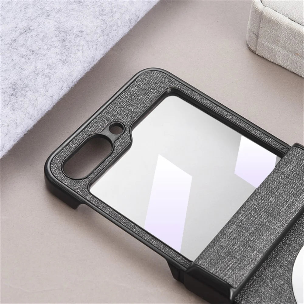 For Samsung Galaxy Z Flip5 5G Hinge Design Magnetic Case Cloth Texture Leather+PC Phone Cover with Tempered Glass Rear Screen Protector - Black - 7