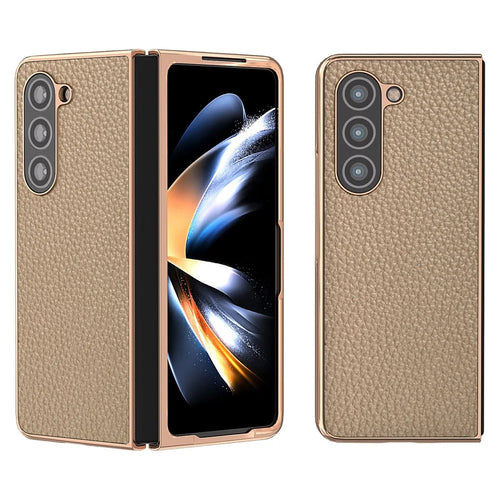 Electroplating Phone Case for Samsung Galaxy Z Fold5 5G , Genuine Cow Leather Coated PC Litchi Texture Protective Cover - Khaki - 1