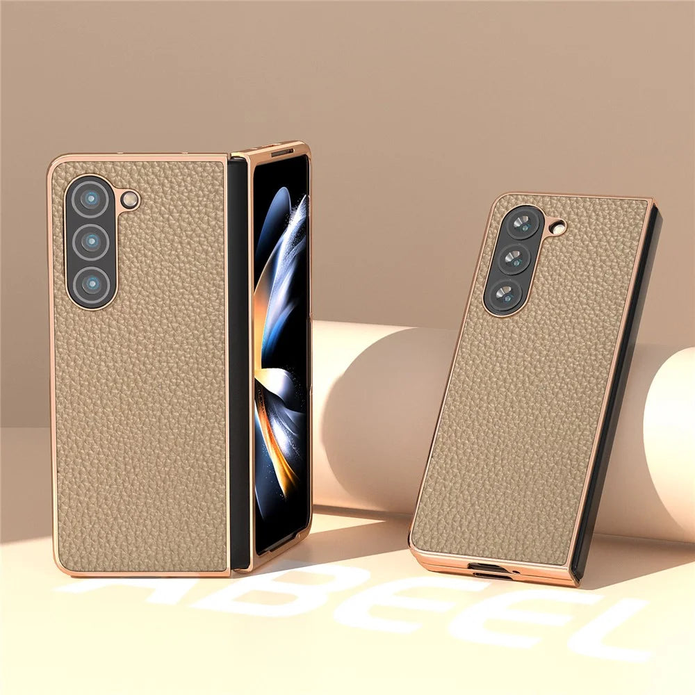 Electroplating Phone Case for Samsung Galaxy Z Fold5 5G , Genuine Cow Leather Coated PC Litchi Texture Protective Cover - Khaki - 2