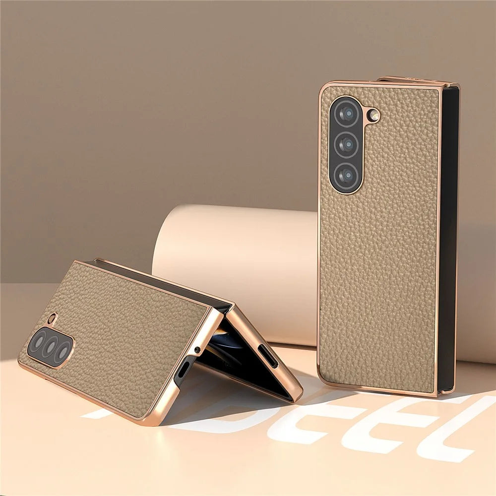 Electroplating Phone Case for Samsung Galaxy Z Fold5 5G , Genuine Cow Leather Coated PC Litchi Texture Protective Cover - Khaki - 3