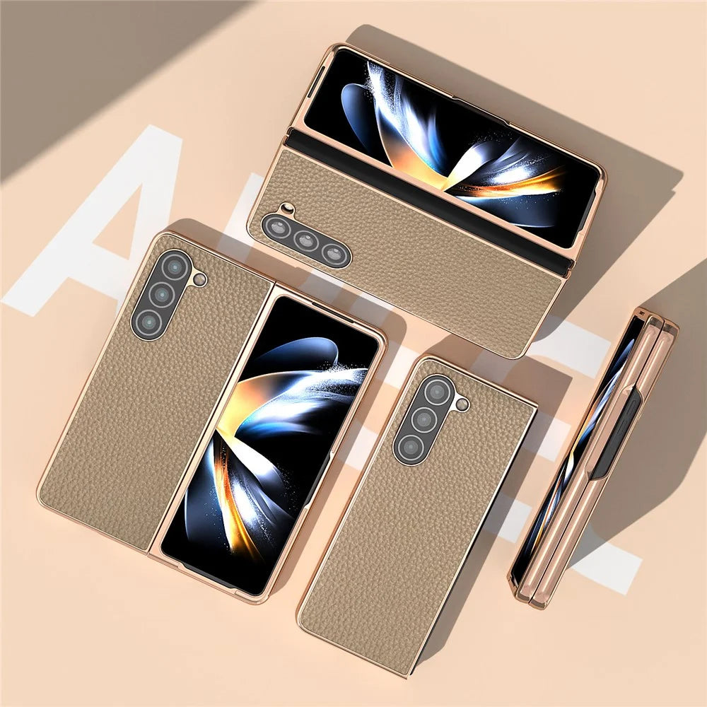 Electroplating Phone Case for Samsung Galaxy Z Fold5 5G , Genuine Cow Leather Coated PC Litchi Texture Protective Cover - Khaki - 4