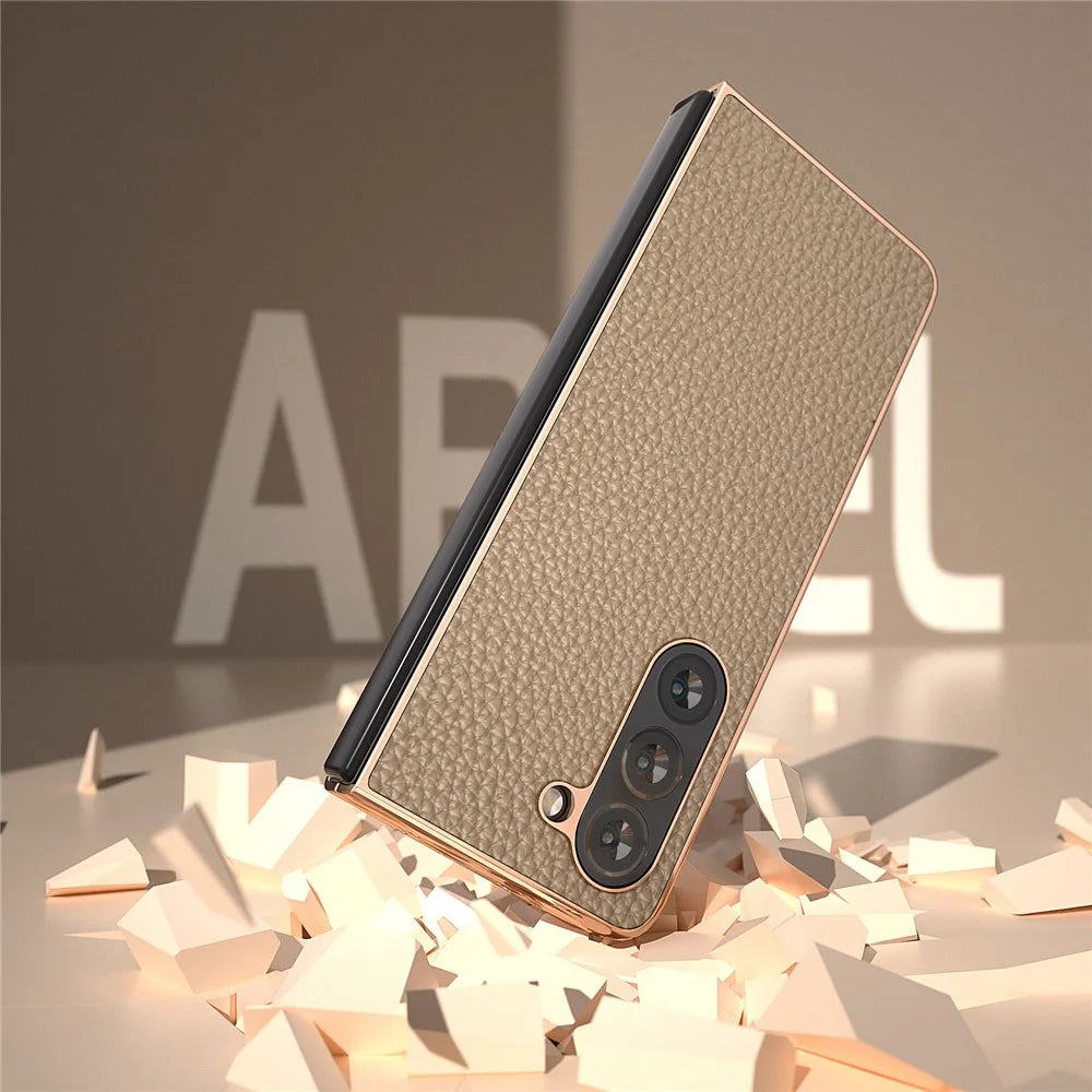 Electroplating Phone Case for Samsung Galaxy Z Fold5 5G , Genuine Cow Leather Coated PC Litchi Texture Protective Cover - Khaki - 5