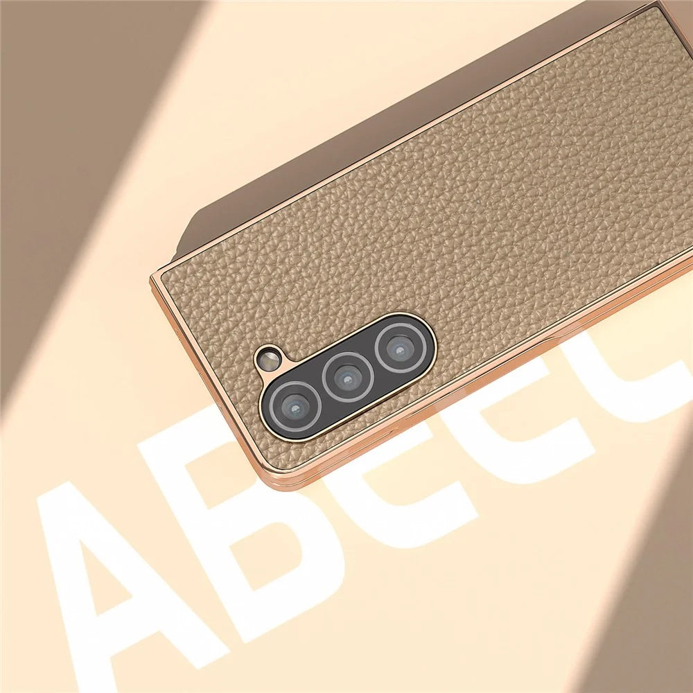 Electroplating Phone Case for Samsung Galaxy Z Fold5 5G , Genuine Cow Leather Coated PC Litchi Texture Protective Cover - Khaki - 6