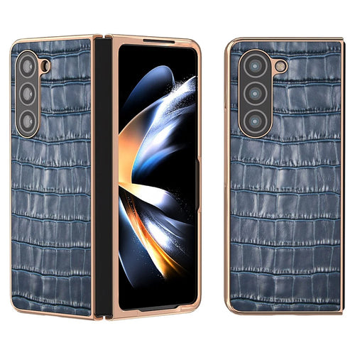 Crocodile Texture Back Cover for Samsung Galaxy Z Fold5 5G , Genuine Cow Leather + PC Electroplating Phone Case - Blue - 1