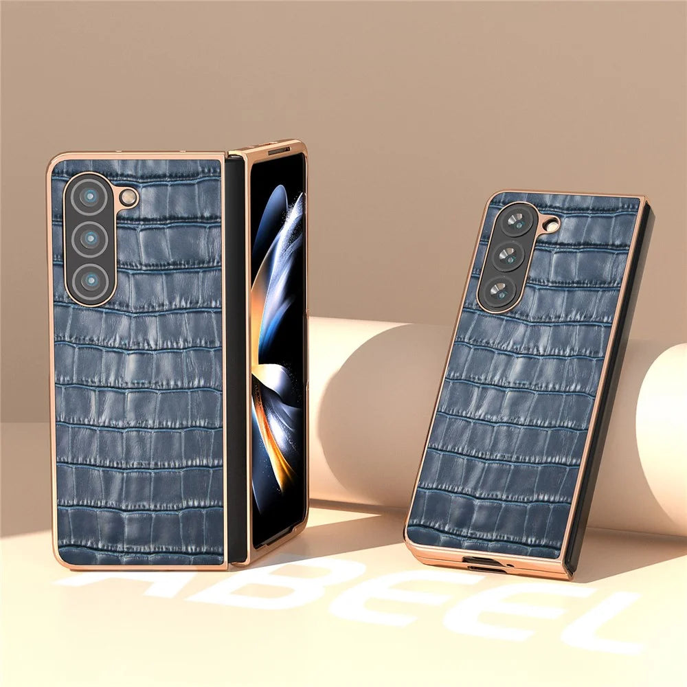 Crocodile Texture Back Cover for Samsung Galaxy Z Fold5 5G , Genuine Cow Leather + PC Electroplating Phone Case - Blue - 2