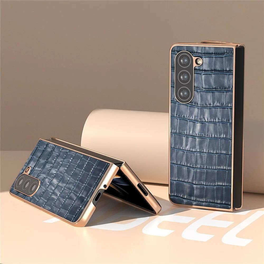 Crocodile Texture Back Cover for Samsung Galaxy Z Fold5 5G , Genuine Cow Leather + PC Electroplating Phone Case - Blue - 3