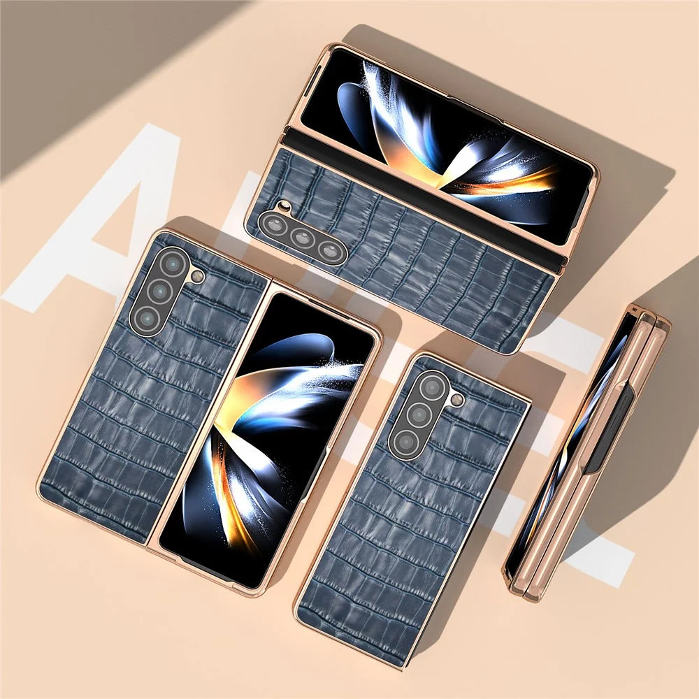 Crocodile Texture Back Cover for Samsung Galaxy Z Fold5 5G , Genuine Cow Leather + PC Electroplating Phone Case - Blue - 4