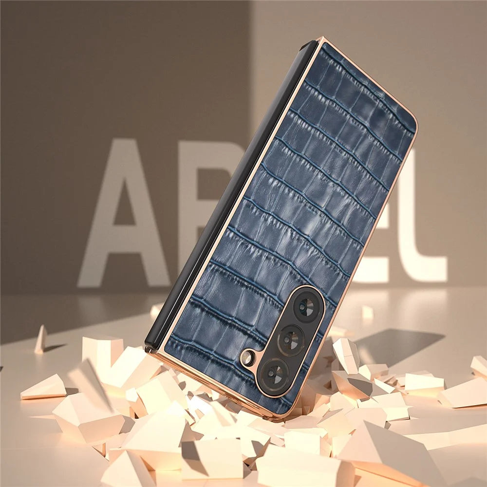 Crocodile Texture Back Cover for Samsung Galaxy Z Fold5 5G , Genuine Cow Leather + PC Electroplating Phone Case - Blue - 5