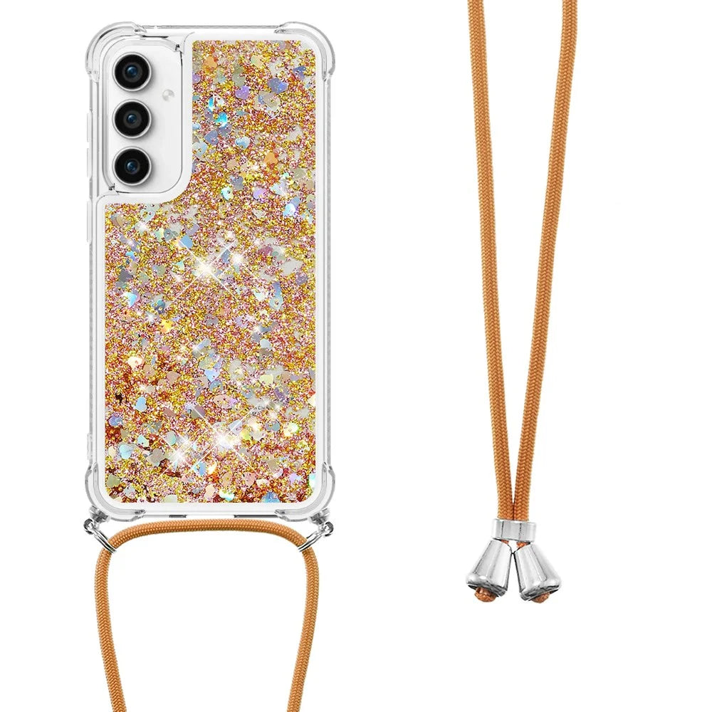 For Samsung Galaxy S23 FE TPU Case Quicksand Design Phone Cover with Lanyard - Gold / Hearts - 1
