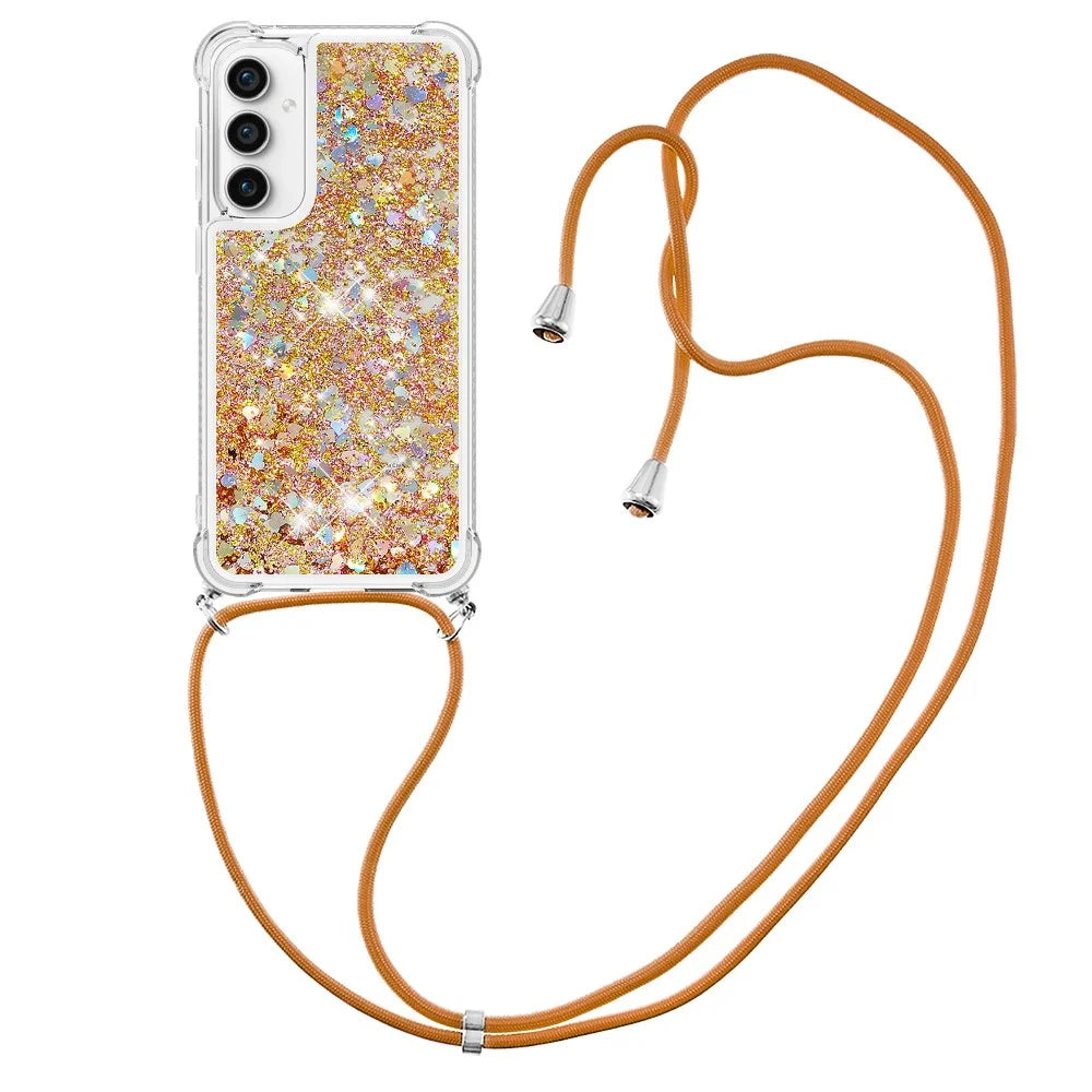 For Samsung Galaxy S23 FE TPU Case Quicksand Design Phone Cover with Lanyard - Gold / Hearts - 2
