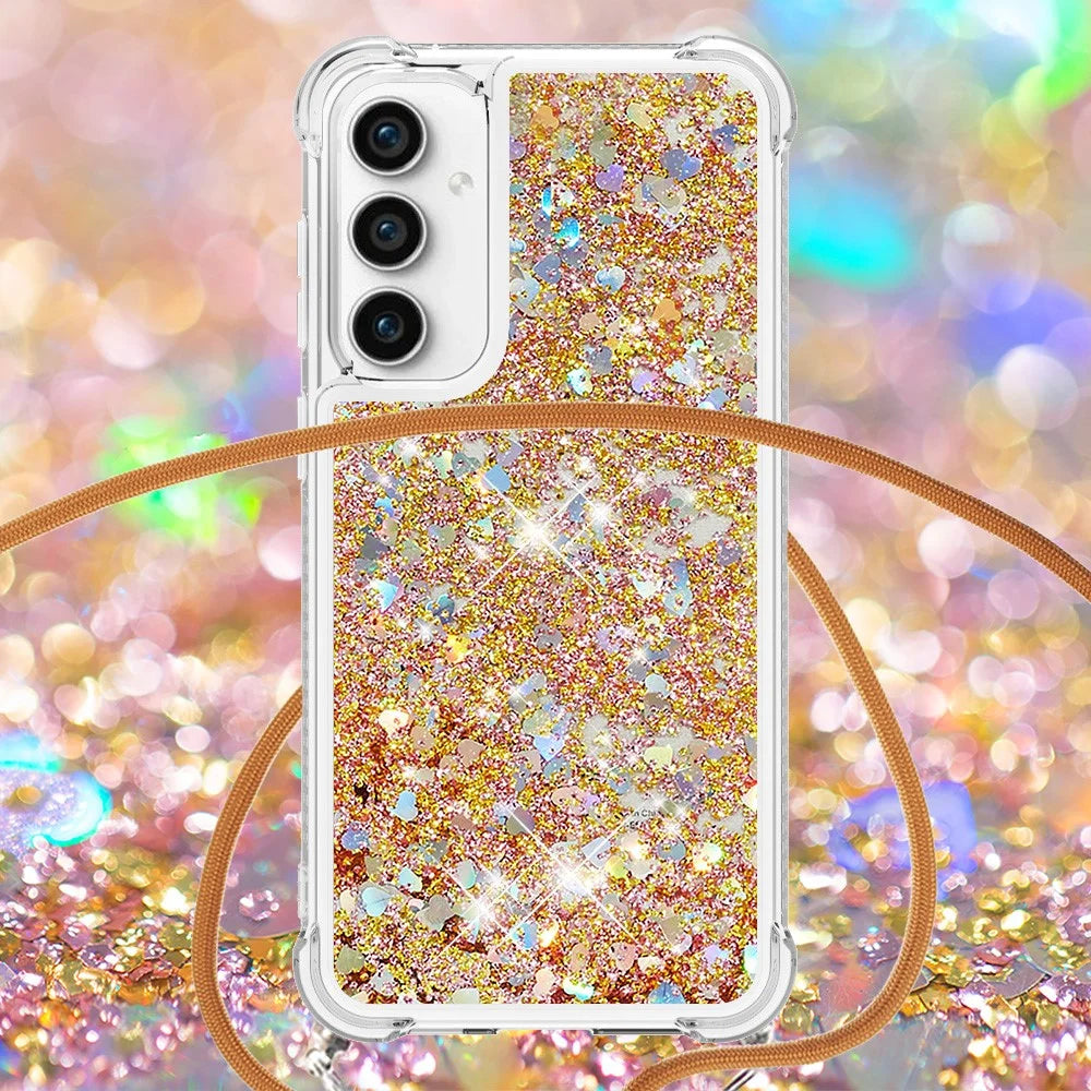For Samsung Galaxy S23 FE TPU Case Quicksand Design Phone Cover with Lanyard - Gold / Hearts - 3