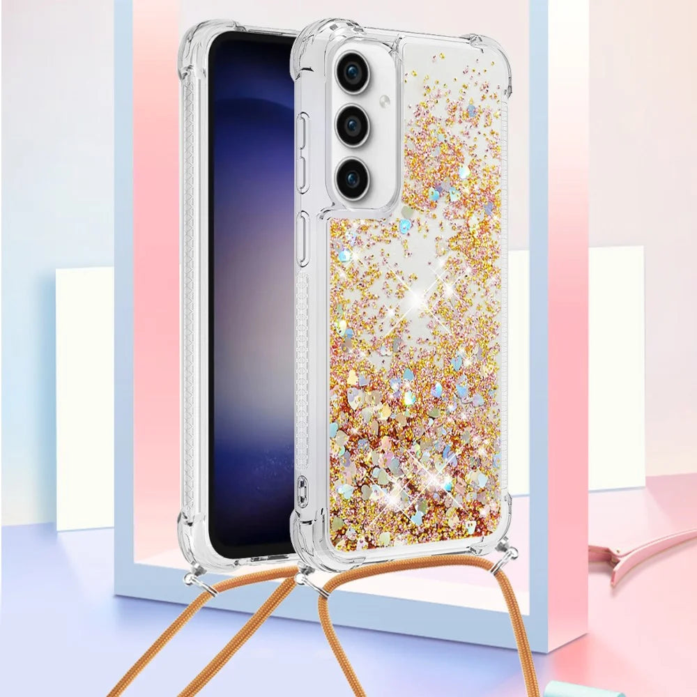 For Samsung Galaxy S23 FE TPU Case Quicksand Design Phone Cover with Lanyard - Gold / Hearts - 6