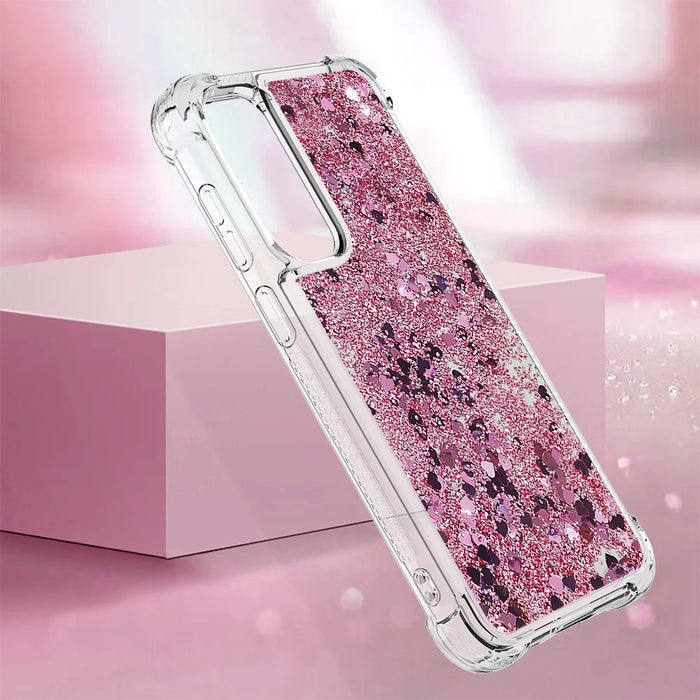 For Samsung Galaxy S23 FE TPU Case Glitter Quicksand Shockproof Phone Back Cover - Rose Gold / Hearts - 6