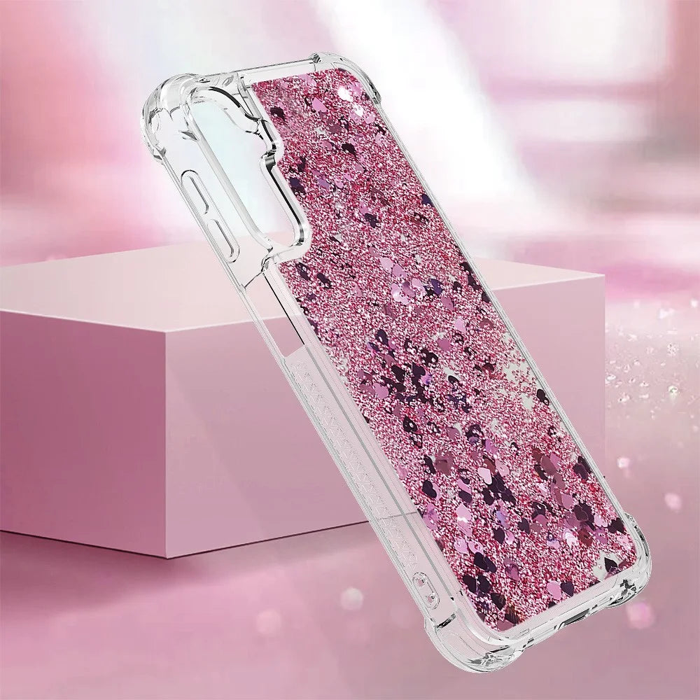 For Samsung Galaxy A24 4G (162.1 x 77.6 x 8.3mm) TPU Case Glitter Quicksand Shockproof Phone Back Cover - Rose Gold / Hearts - 6