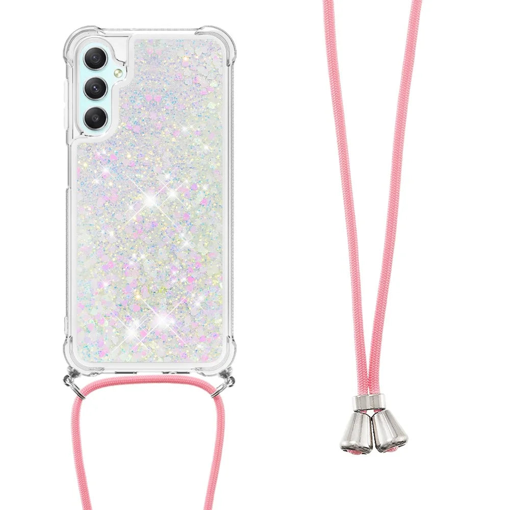 For Samsung Galaxy A24 4G (162.1 x 77.6 x 8.3mm) TPU Case Quicksand Design Phone Cover with Lanyard - Laser / Hearts - 1