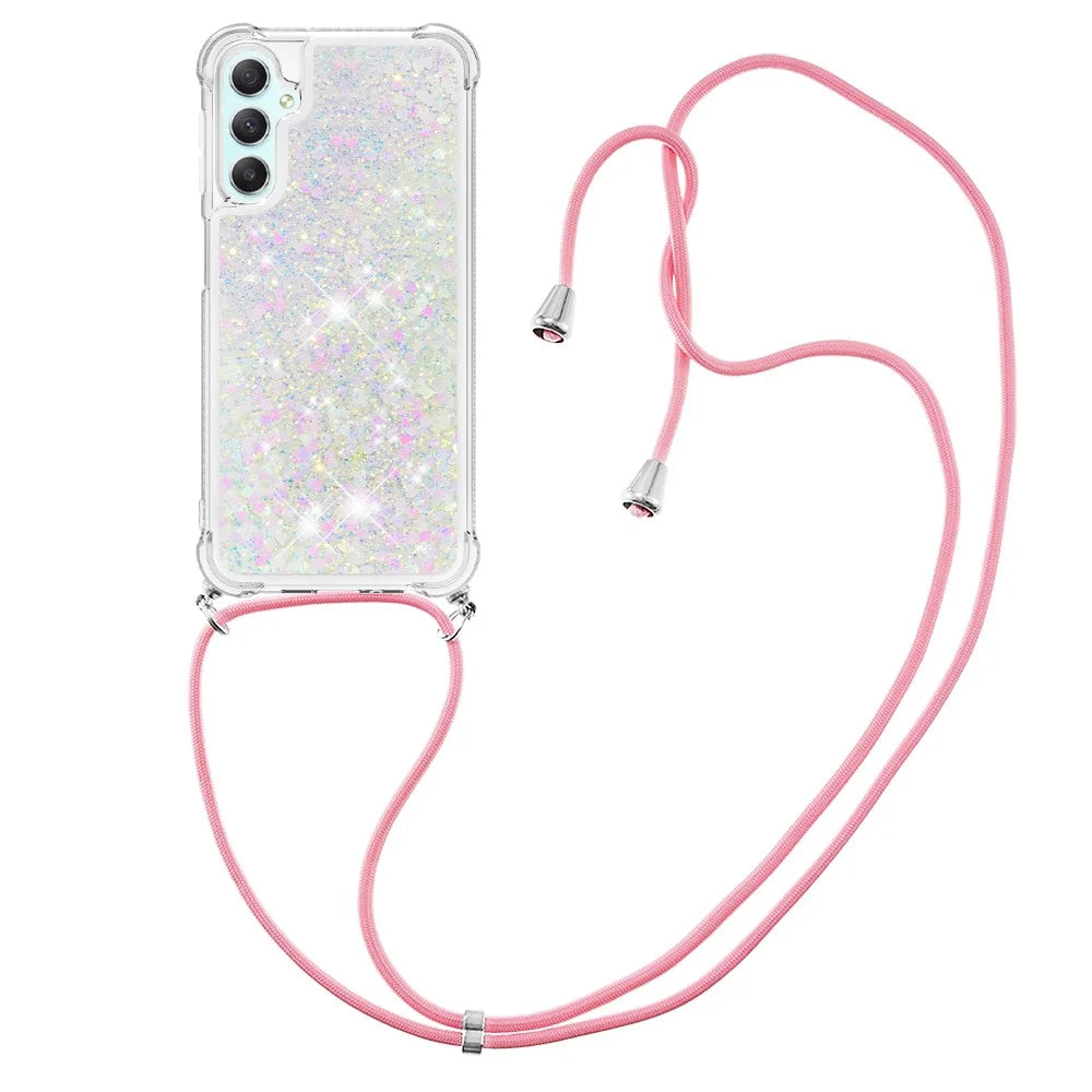 For Samsung Galaxy A24 4G (162.1 x 77.6 x 8.3mm) TPU Case Quicksand Design Phone Cover with Lanyard - Laser / Hearts - 2
