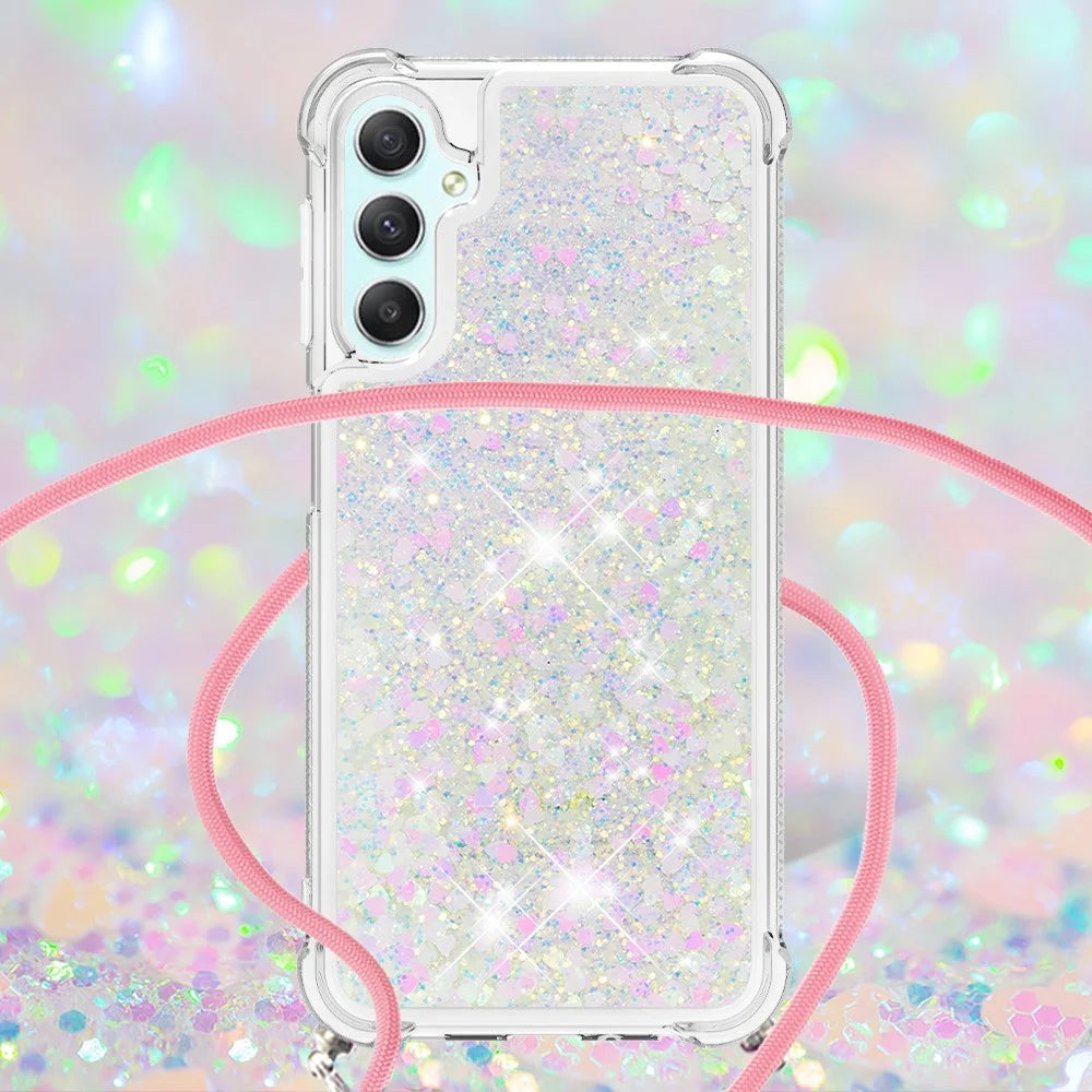 For Samsung Galaxy A24 4G (162.1 x 77.6 x 8.3mm) TPU Case Quicksand Design Phone Cover with Lanyard - Laser / Hearts - 3