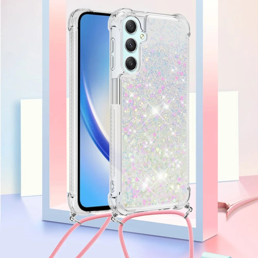 For Samsung Galaxy A24 4G (162.1 x 77.6 x 8.3mm) TPU Case Quicksand Design Phone Cover with Lanyard - Laser / Hearts - 6