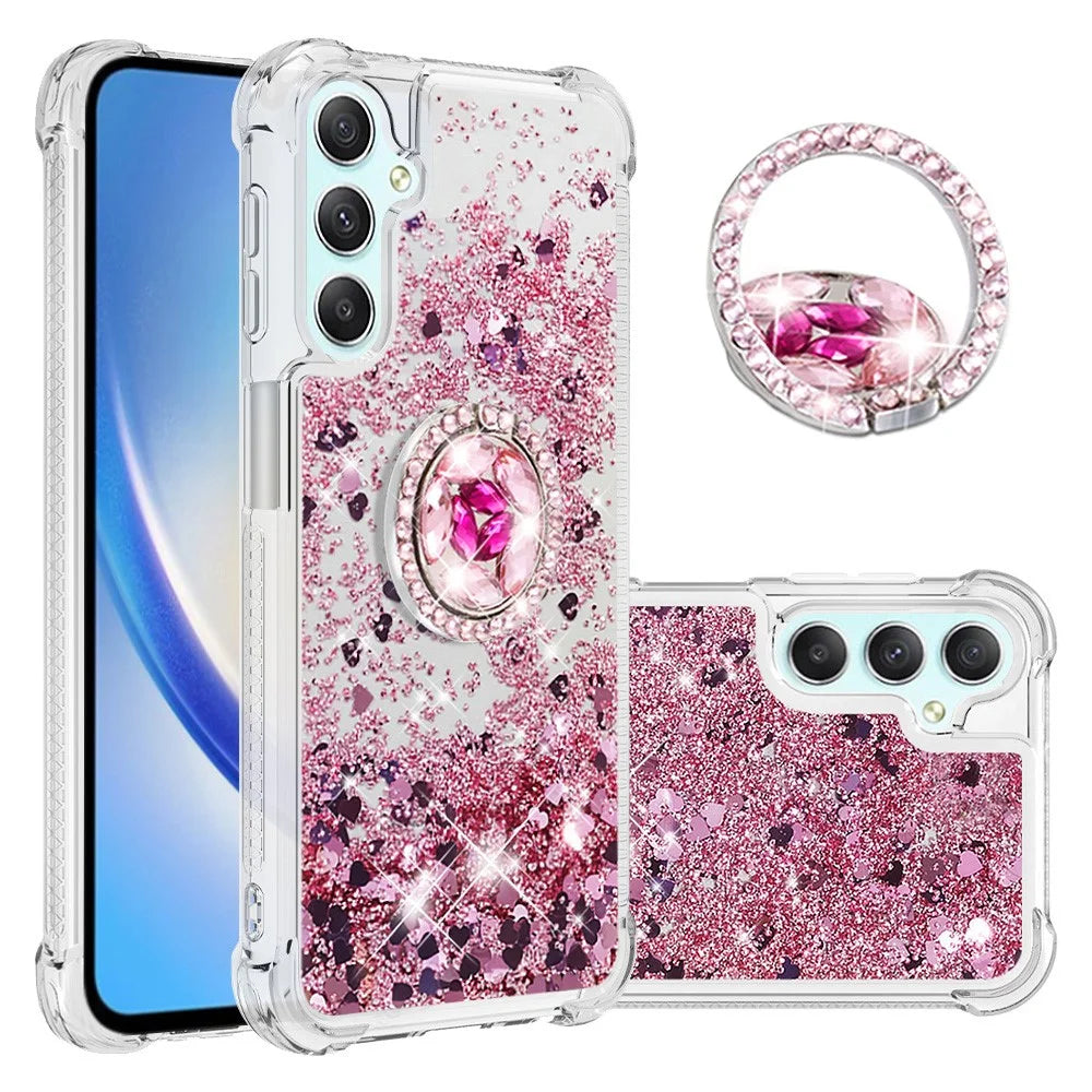 For Samsung Galaxy A24 4G (162.1 x 77.6 x 8.3mm) TPU Case with Kickstand Quicksand Shockproof Cover - Rose Gold / Hearts - 1