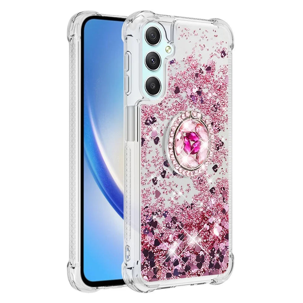 For Samsung Galaxy A24 4G (162.1 x 77.6 x 8.3mm) TPU Case with Kickstand Quicksand Shockproof Cover - Rose Gold / Hearts - 3