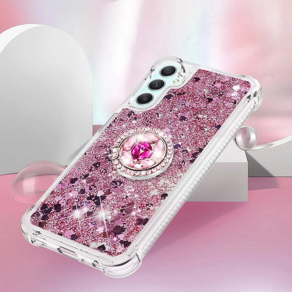 For Samsung Galaxy A24 4G (162.1 x 77.6 x 8.3mm) TPU Case with Kickstand Quicksand Shockproof Cover - Rose Gold / Hearts - 5