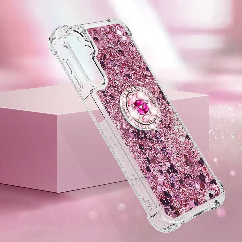 For Samsung Galaxy A24 4G (162.1 x 77.6 x 8.3mm) TPU Case with Kickstand Quicksand Shockproof Cover - Rose Gold / Hearts - 6