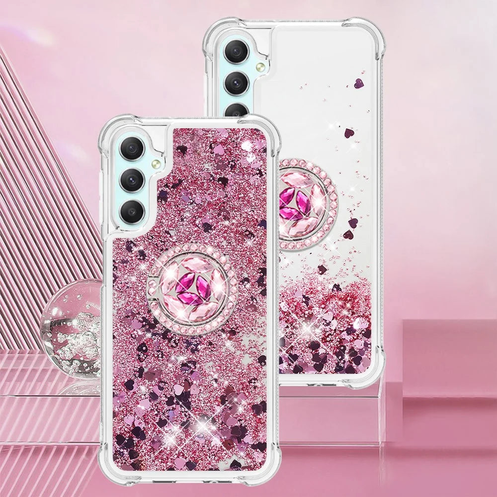 For Samsung Galaxy A24 4G (162.1 x 77.6 x 8.3mm) TPU Case with Kickstand Quicksand Shockproof Cover - Rose Gold / Hearts - 7