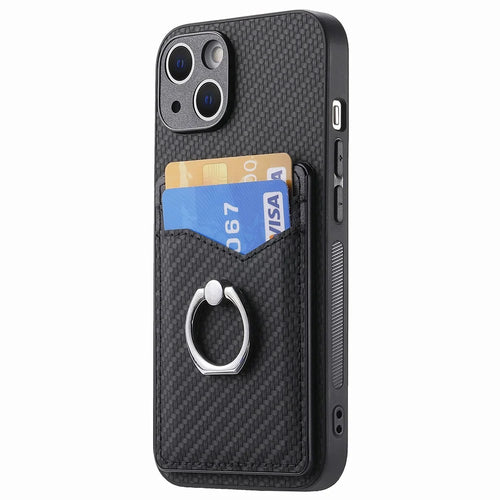 Cellphone Cover for iPhone 15 , Card Holder Carbon Fiber Texture PU Leather+PC+TPU Phone Case with Ring Kickstand - Black - 1