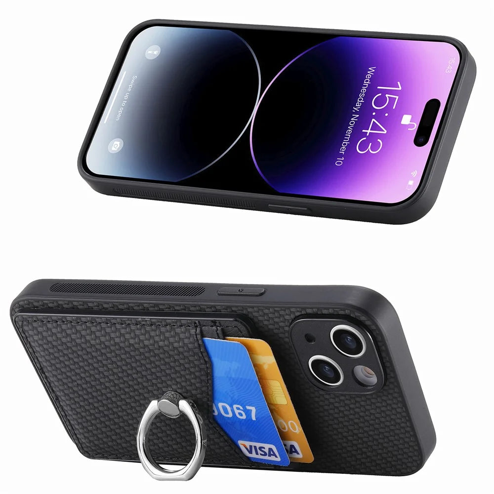 Cellphone Cover for iPhone 15 , Card Holder Carbon Fiber Texture PU Leather+PC+TPU Phone Case with Ring Kickstand - Black - 2