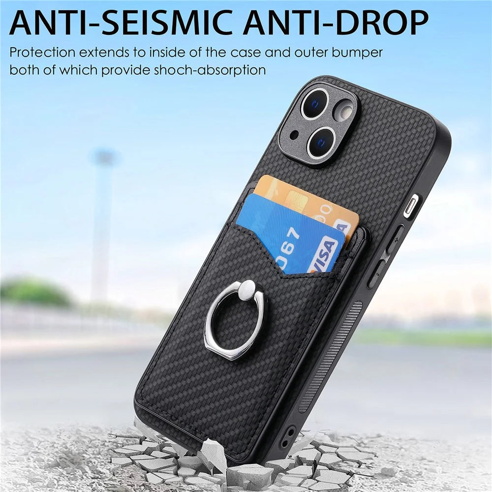 Cellphone Cover for iPhone 15 , Card Holder Carbon Fiber Texture PU Leather+PC+TPU Phone Case with Ring Kickstand - Black - 5