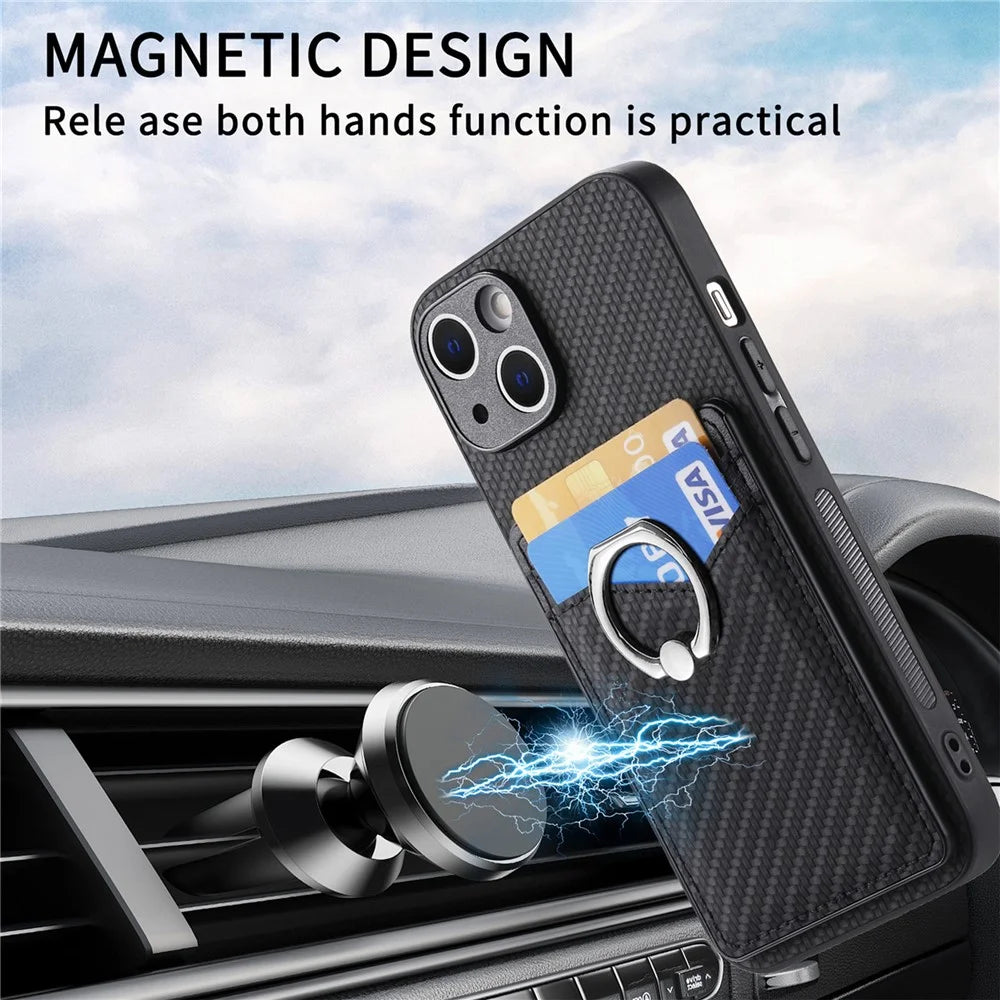 Cellphone Cover for iPhone 15 , Card Holder Carbon Fiber Texture PU Leather+PC+TPU Phone Case with Ring Kickstand - Black - 6