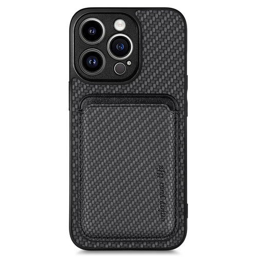 Detachable Magnetic Card Holder Phone Case for iPhone 15 Pro , Carbon Fiber PU Leather Coated PC+TPU Cover - Black - 1