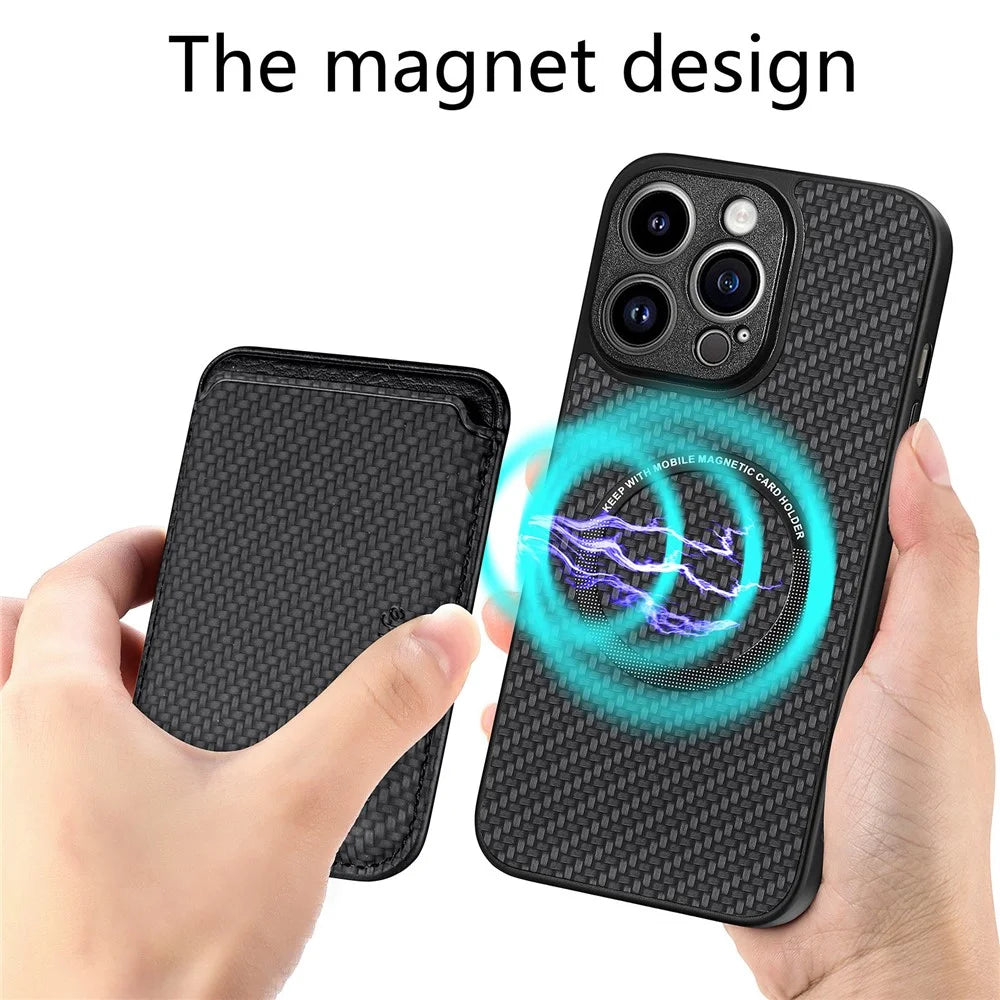 Detachable Magnetic Card Holder Phone Case for iPhone 15 Pro , Carbon Fiber PU Leather Coated PC+TPU Cover - Black - 2