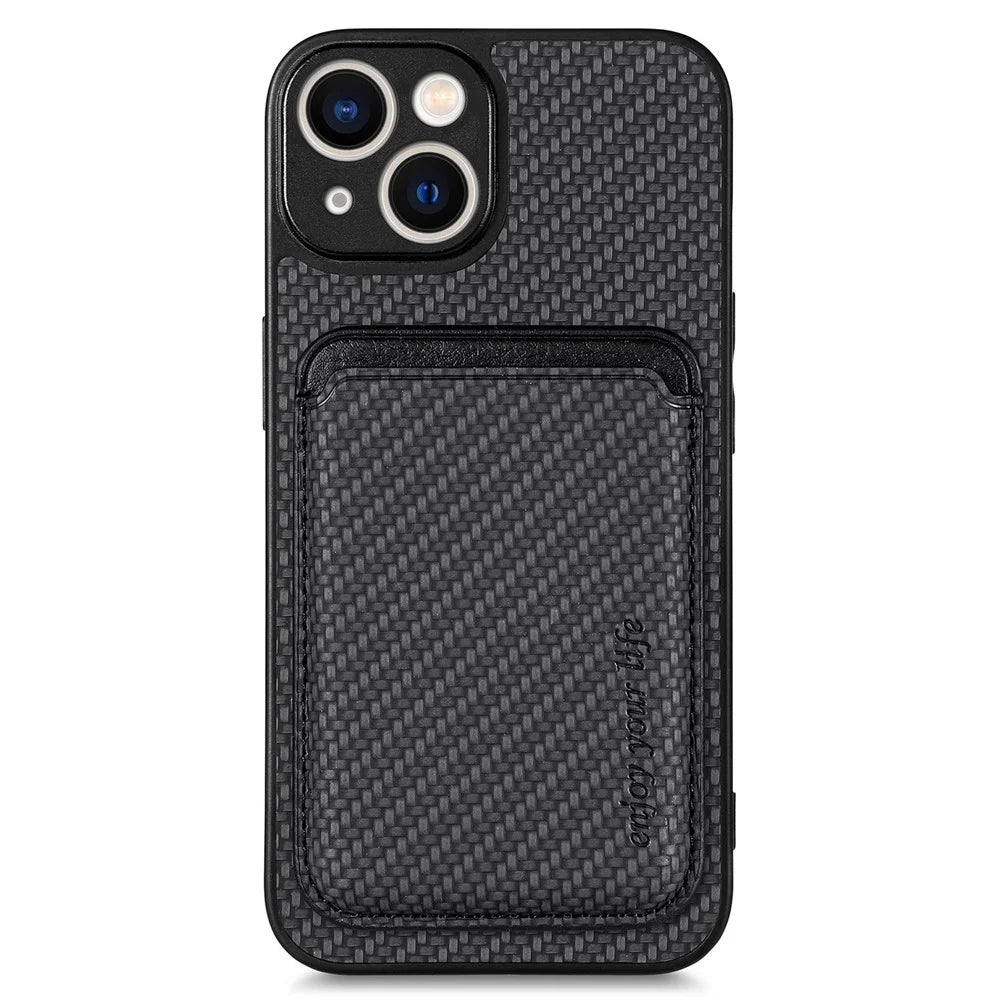 For iPhone 15 Plus Detachable Phone Case Carbon Fiber Magnetic Card Holder Leather+PC+TPU Cover - Black - 1