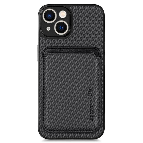 For iPhone 15 Plus Detachable Phone Case Carbon Fiber Magnetic Card Holder Leather+PC+TPU Cover - Black - 1