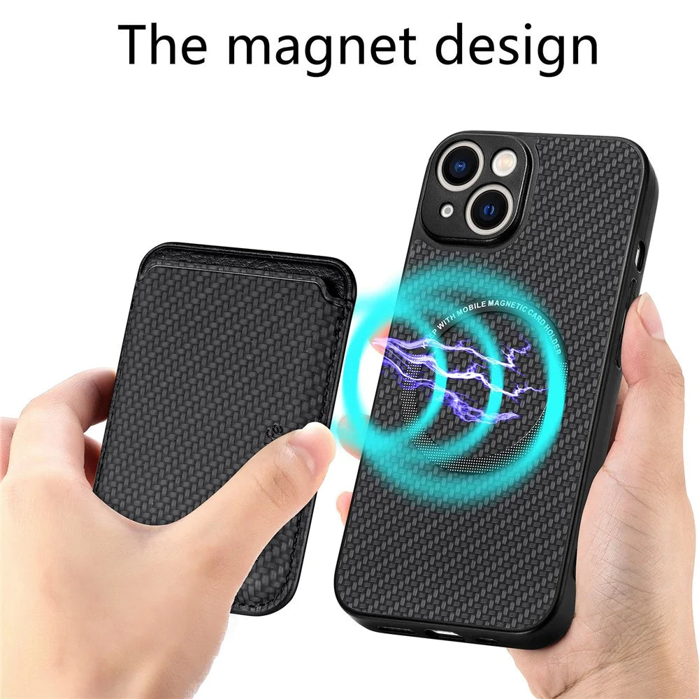 For iPhone 15 Plus Detachable Phone Case Carbon Fiber Magnetic Card Holder Leather+PC+TPU Cover - Black - 2