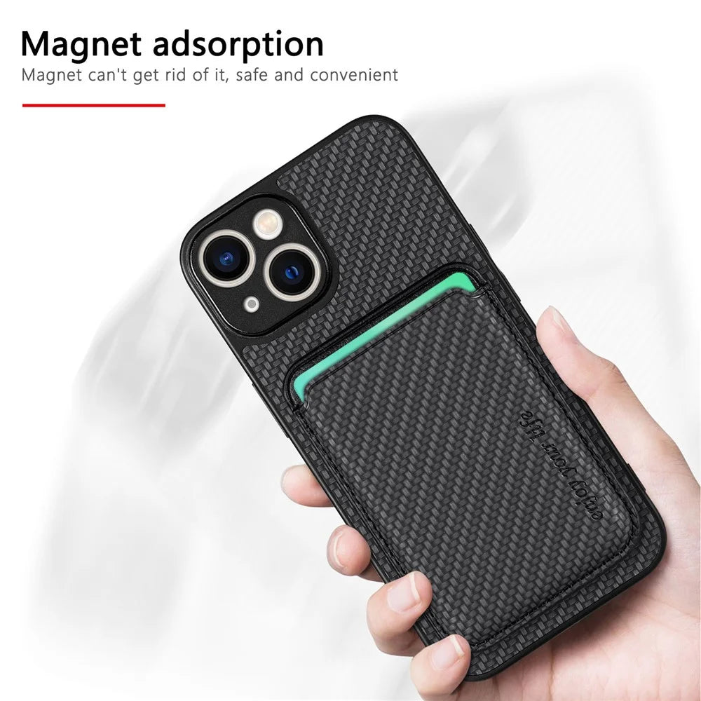 For iPhone 15 Plus Detachable Phone Case Carbon Fiber Magnetic Card Holder Leather+PC+TPU Cover - Black - 5