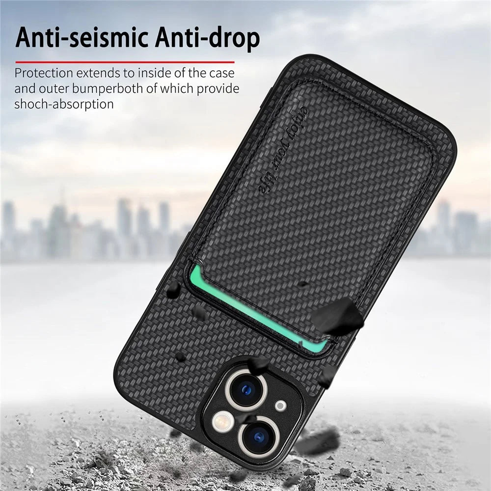 For iPhone 15 Plus Detachable Phone Case Carbon Fiber Magnetic Card Holder Leather+PC+TPU Cover - Black - 6