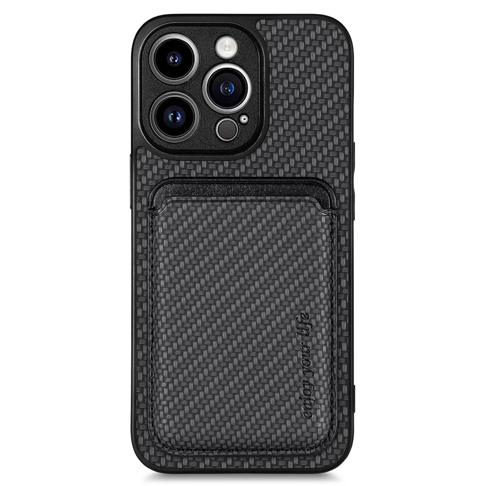 Detachable Phone Cover for iPhone 15 Pro Max , Magnetic Card Holder Carbon Fiber Leather+PC+TPU Case - Black - 1