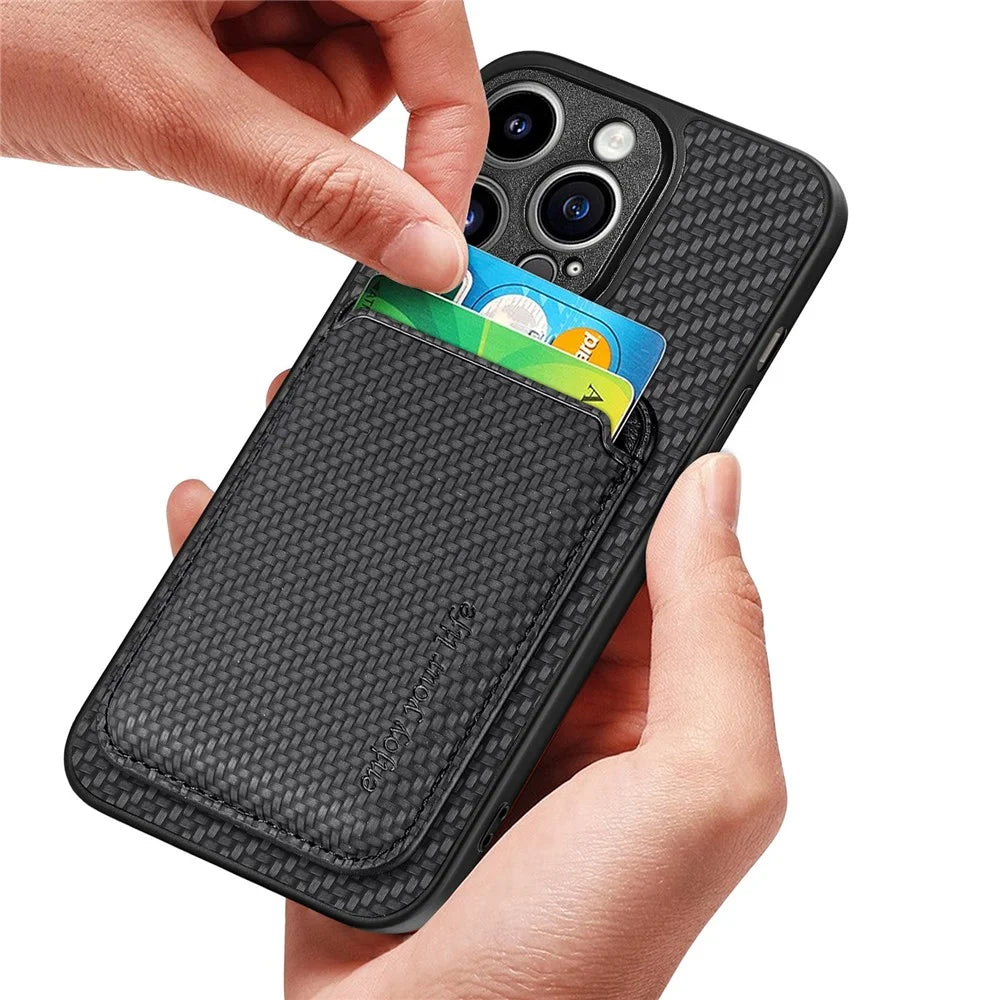 Detachable Phone Cover for iPhone 15 Pro Max , Magnetic Card Holder Carbon Fiber Leather+PC+TPU Case - Black - 4