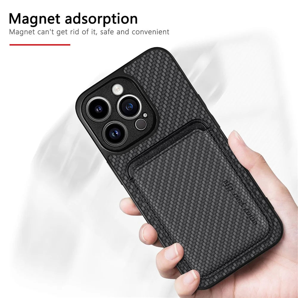 Detachable Phone Cover for iPhone 15 Pro Max , Magnetic Card Holder Carbon Fiber Leather+PC+TPU Case - Black - 5