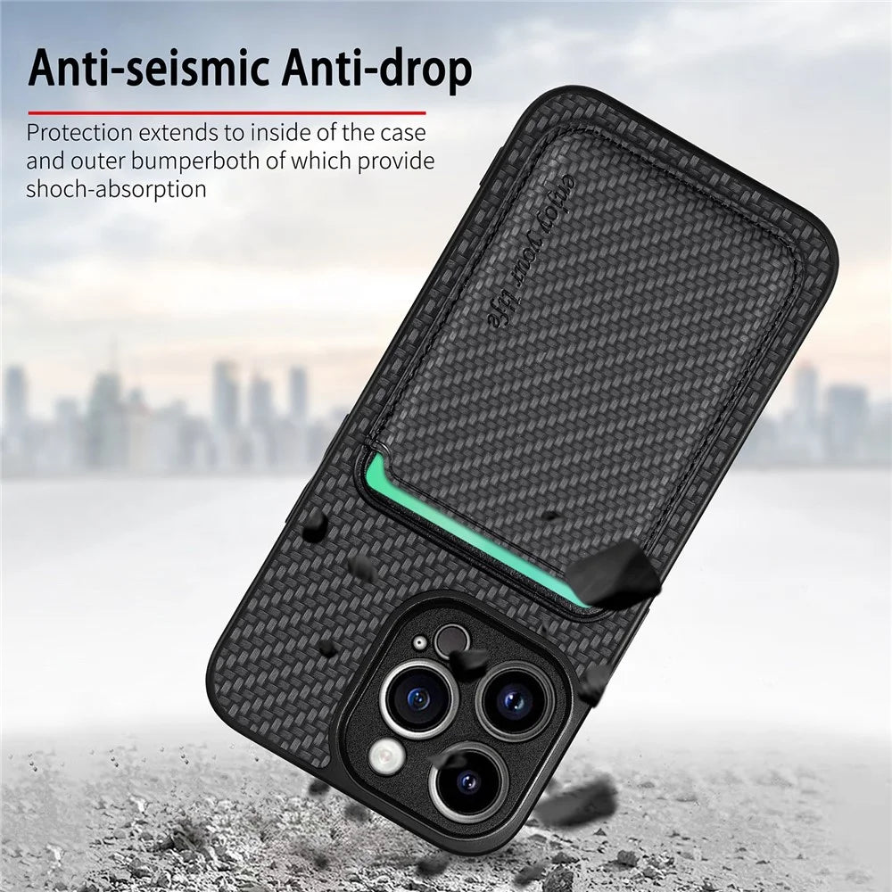 Detachable Phone Cover for iPhone 15 Pro Max , Magnetic Card Holder Carbon Fiber Leather+PC+TPU Case - Black - 6