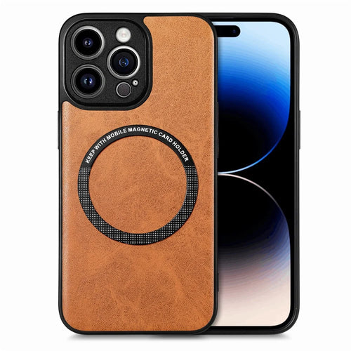 For iPhone 15 Pro Max Magnetic Phone Case Compatible with MagSafe PU Leather Coated PC+TPU Cover - Brown - 1