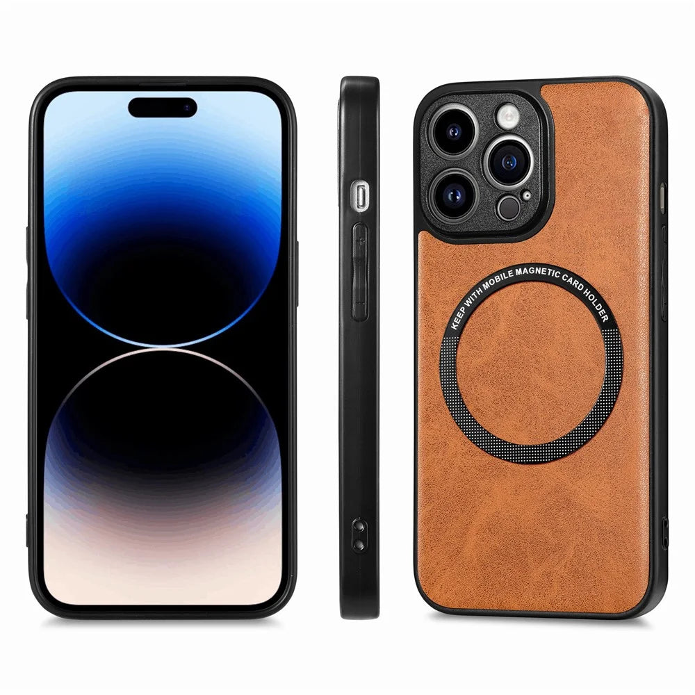 For iPhone 15 Pro Max Magnetic Phone Case Compatible with MagSafe PU Leather Coated PC+TPU Cover - Brown - 2