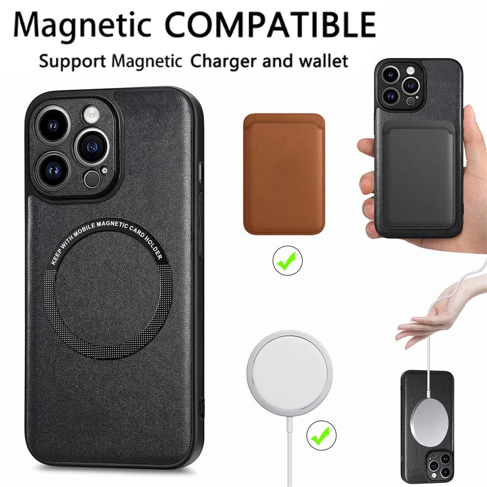 For iPhone 15 Pro Max Magnetic Phone Case Compatible with MagSafe PU Leather Coated PC+TPU Cover - Brown - 6